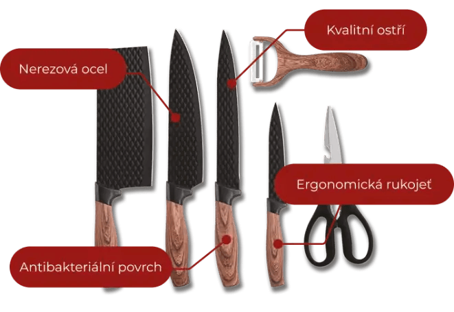 Kuchyňská sada obsahují sekáček, ostrý nůž, nůžky a škrabku